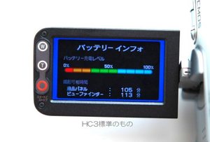 HC3に標準付属の電池では、106分の撮影が可能。